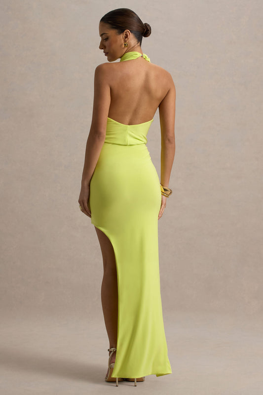 Amphitrite | Lime Green High-Neck Ruched Maxi Dress With Wrap Skirt