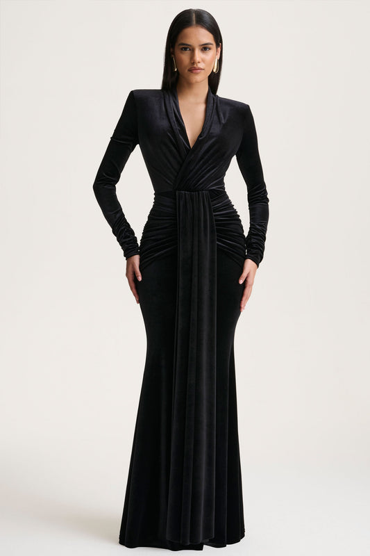 Halima | Black Velvet Plunge-Neck Maxi Dress With Gathered Detailing