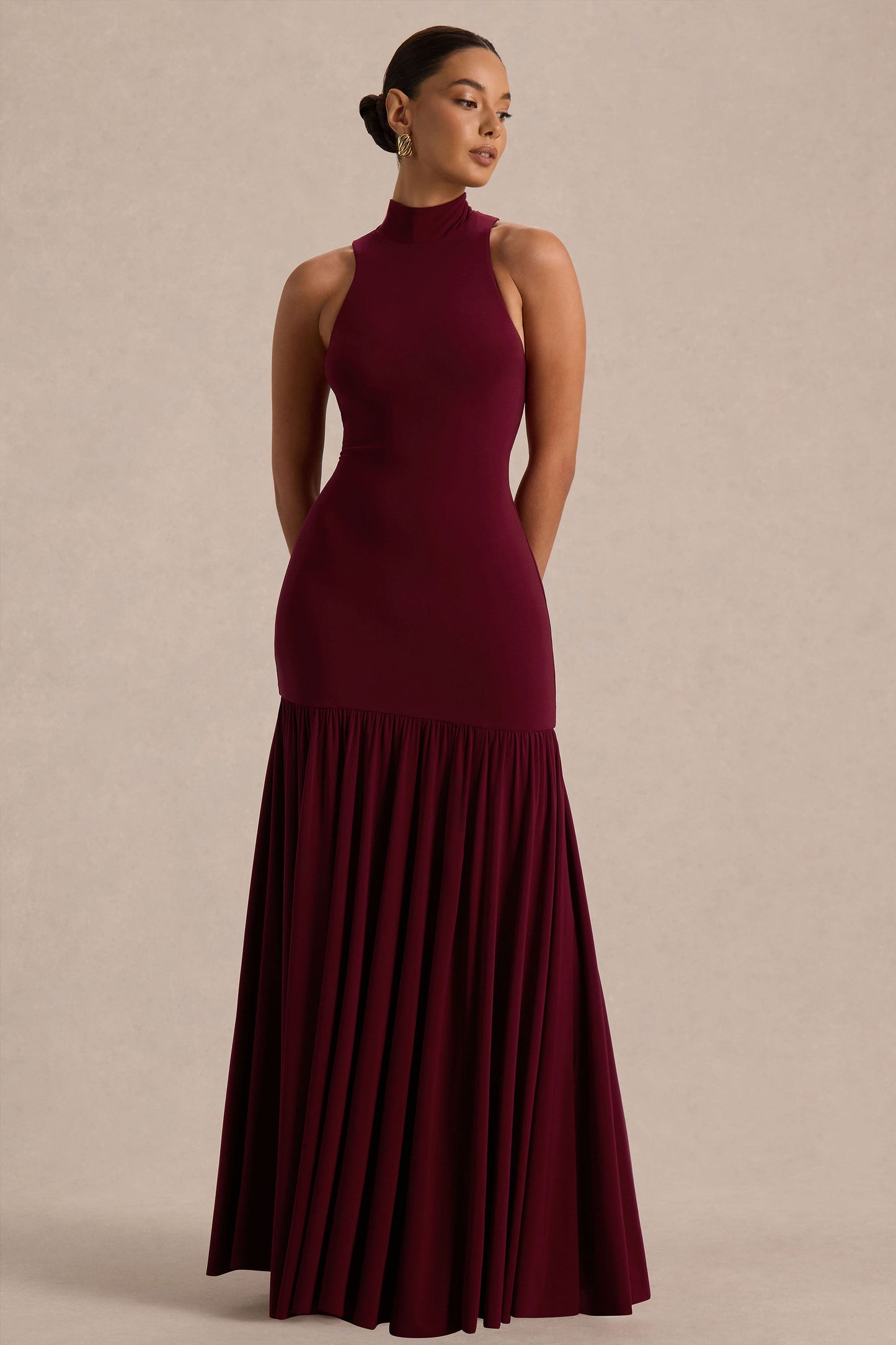 Tasmin | Burgundy High-Neck Maxi Dress With Drop-Waist