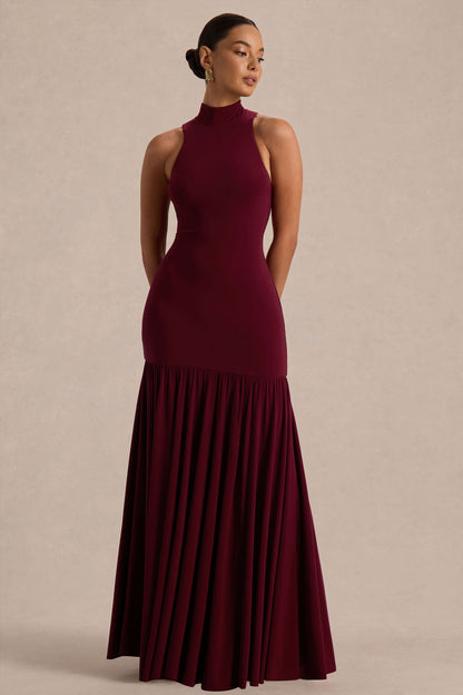 Tasmin | Burgundy High-Neck Maxi Dress With Drop-Waist