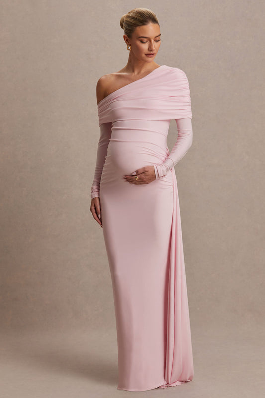 Amara | Blush Pink Asymmetric-Neck Maternity Maxi Dress With Sash Detail