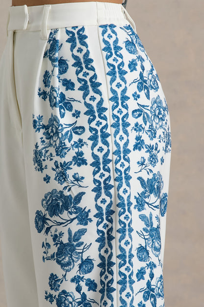 Zelie | Blue Porcelain Print Wide-Leg Trousers