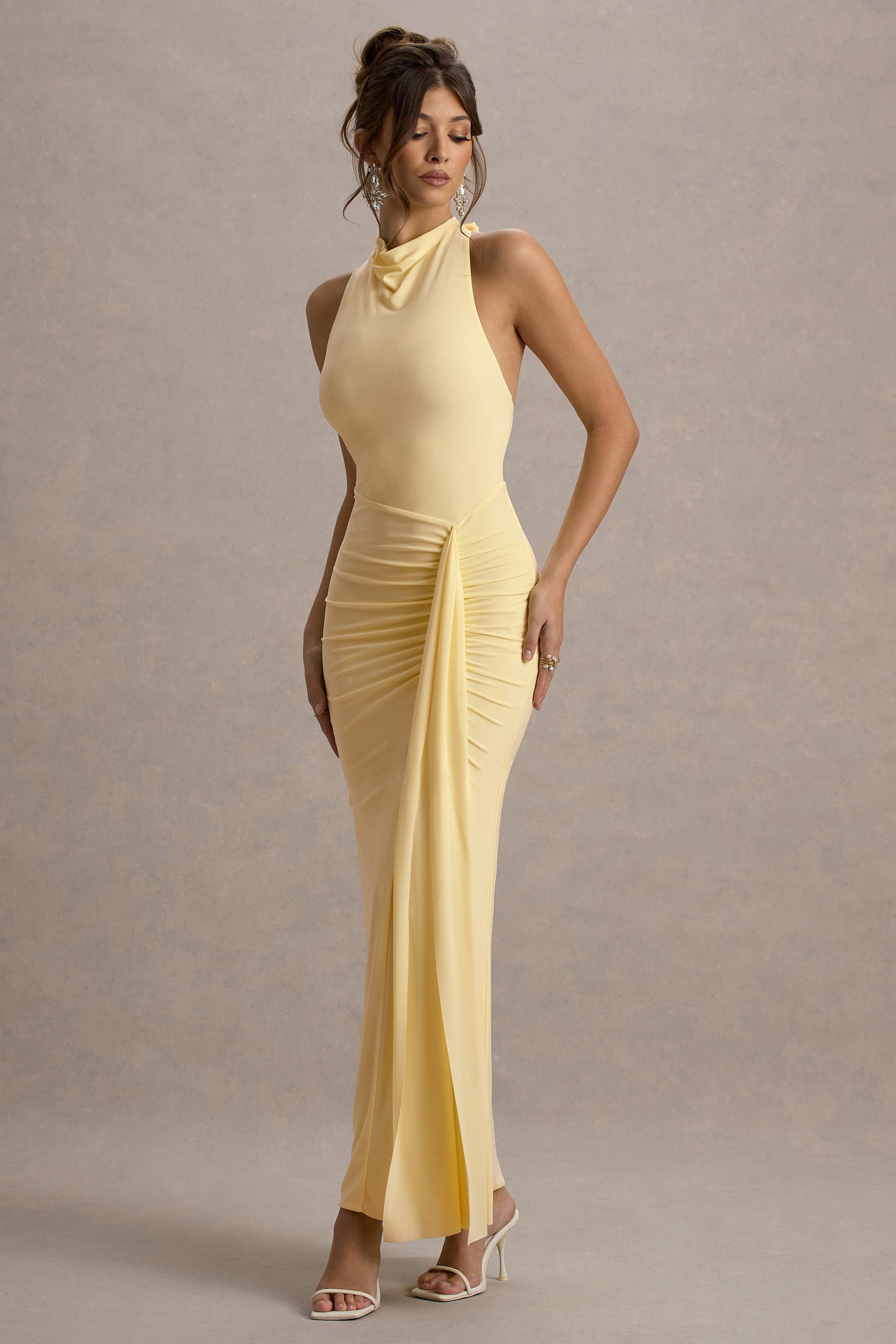 Sunflower | Pale Lemon Ruched High-Neck Split Maxi Dress