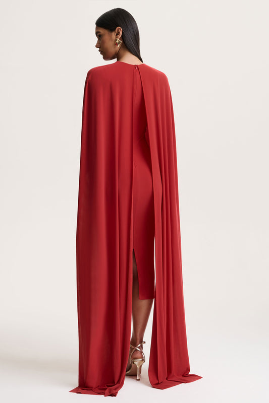 Kalani | Red Crew-Neck Midi Dress With Cape-Sleeves
