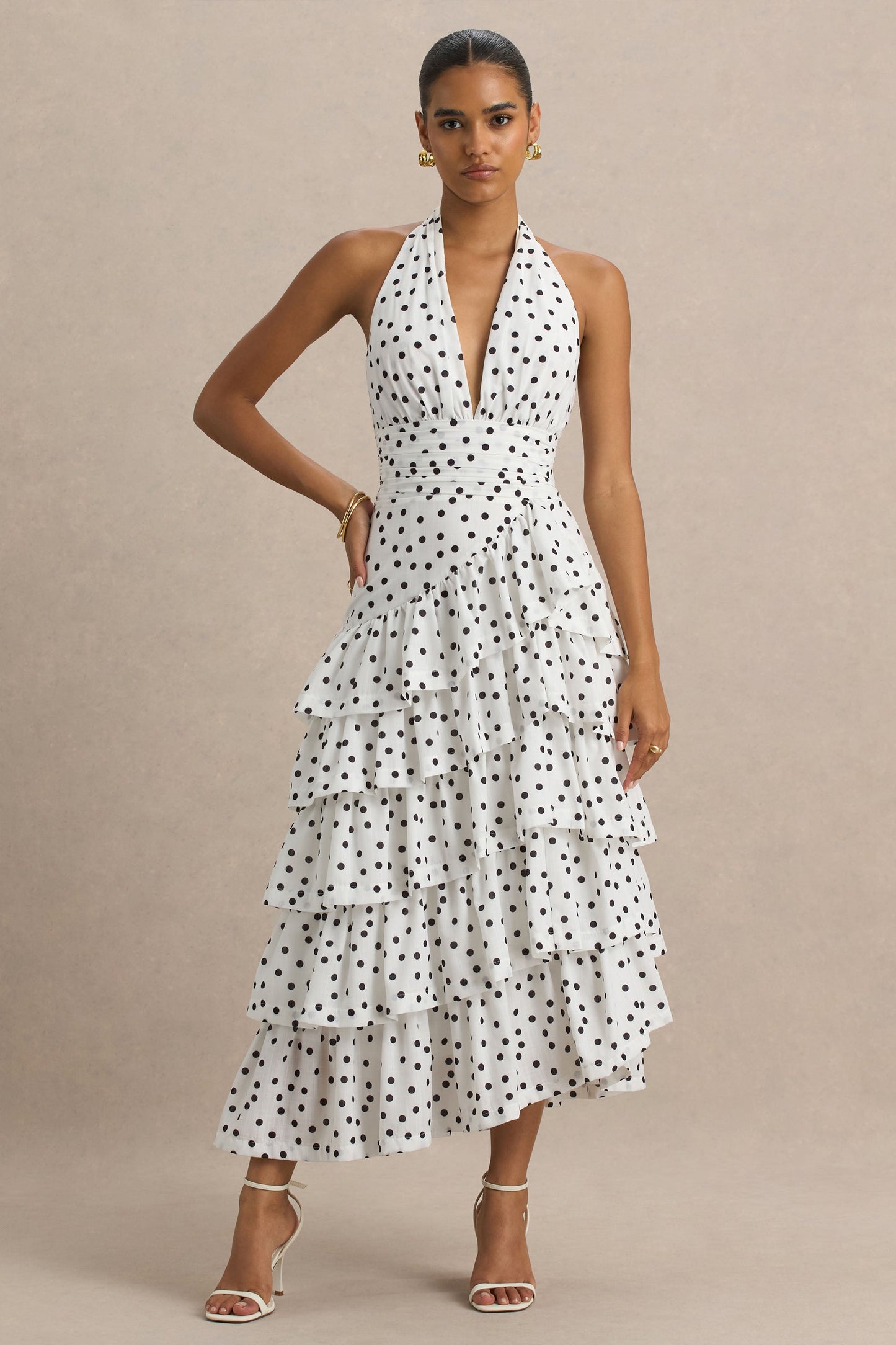Violet | White Polka Dot Midi Dress With Halter-Neck and Ruffled Skirt