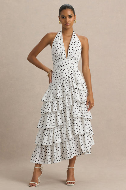 Violet | White Polka Dot Midi Dress With Halter-Neck and Ruffled Skirt