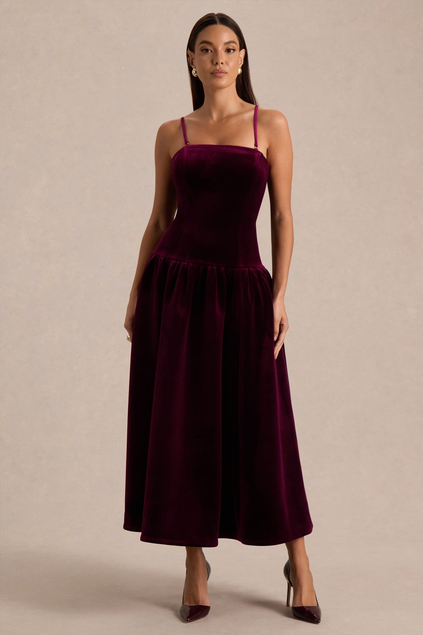 Violetta | Burgundy Velvet Bandeau Midi Dress With Drop-Waist And Gathered Skirt
