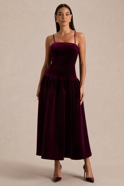 Violetta | Burgundy Velvet Bandeau Midi Dress With Drop-Waist And Gathered Skirt
