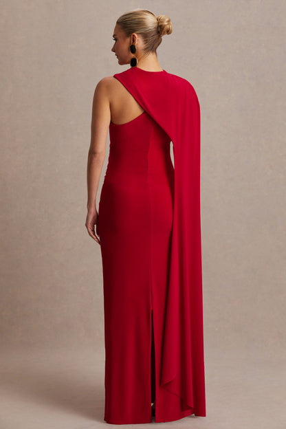 Tessy | Red Asymmetric-Neck Maternity Maxi Dress With Cape-Sleeve