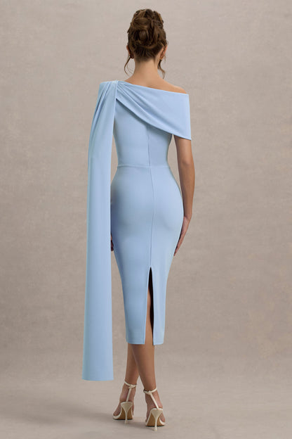 Niamh | Powder Blue Asymmetric Midi Dress With Drape