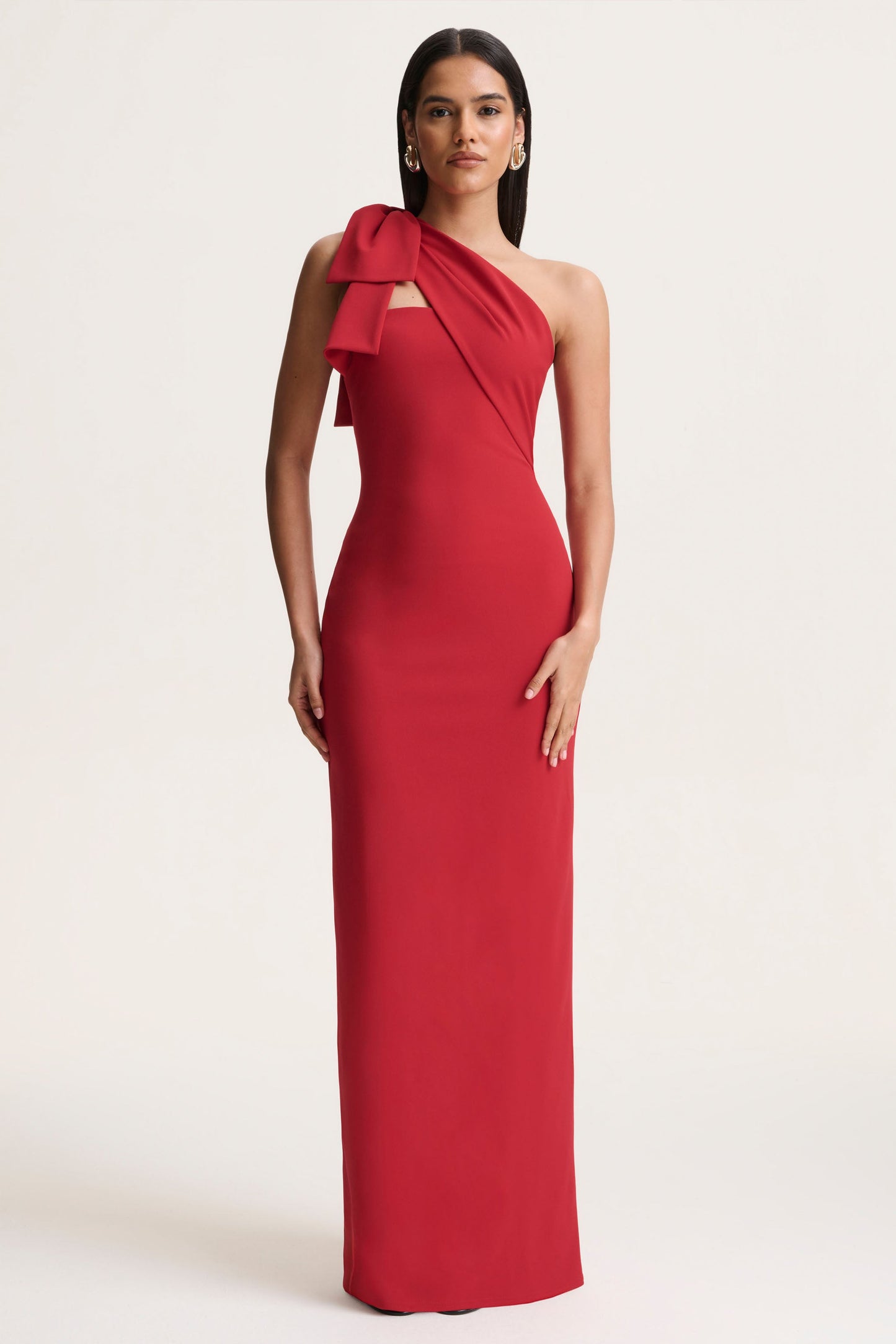 Adara | Red Asymmetric-Neck Maxi Dress With Bow-Detail