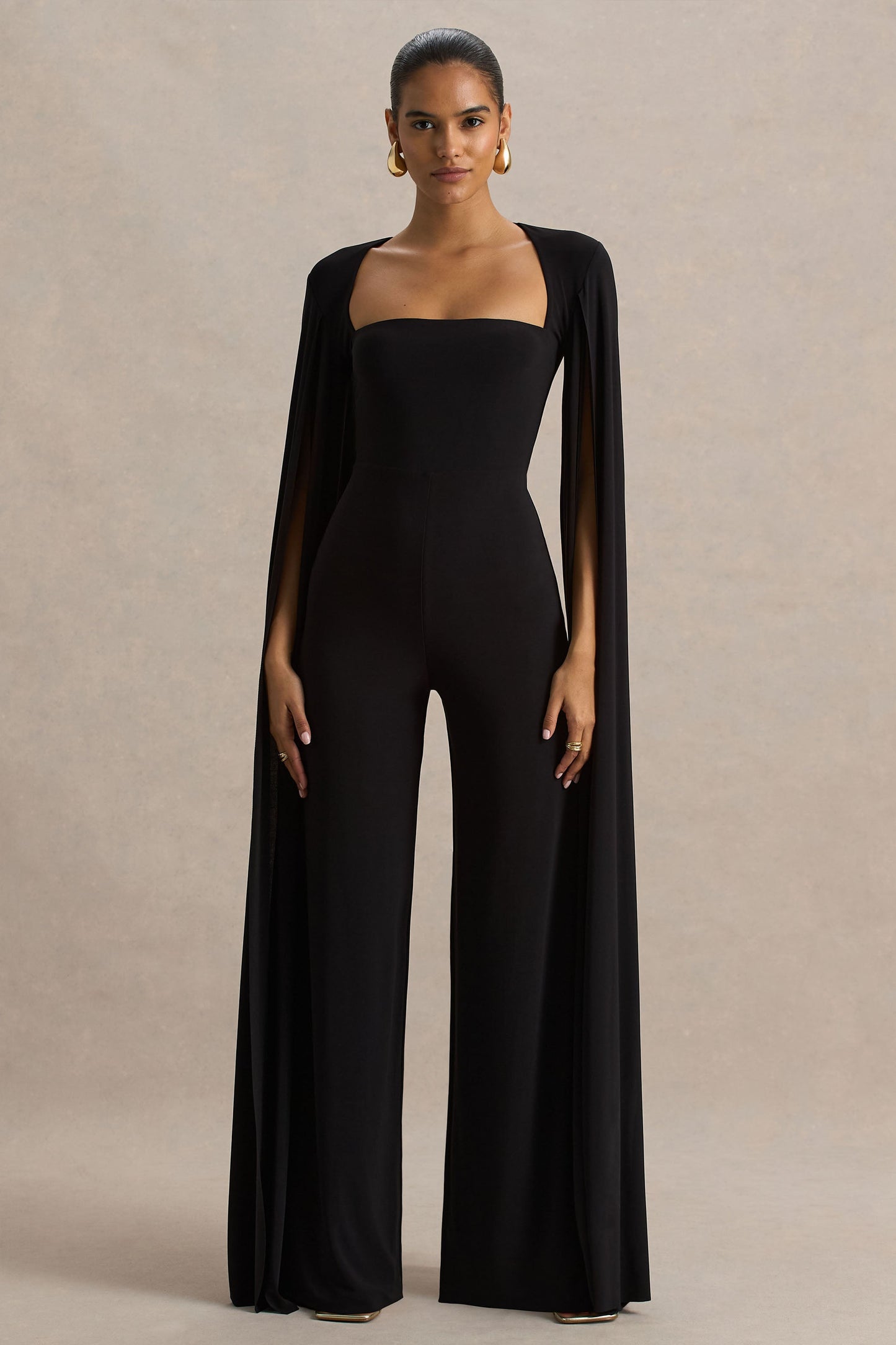 Zara | Black Square-Neck Jumpsuit With Cape Sleeves