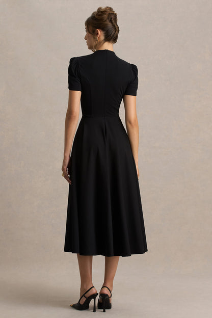 Vicky | Black High Neck Midi Dress With Puff Sleeves