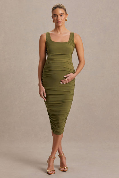 Lisbon | Olive Maternity Square Neck Ruched Midi Dress