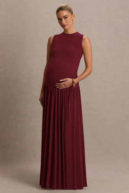 Outline | Burgundy Crew-Neck Maternity Maxi Dress With Pleated Skirt
