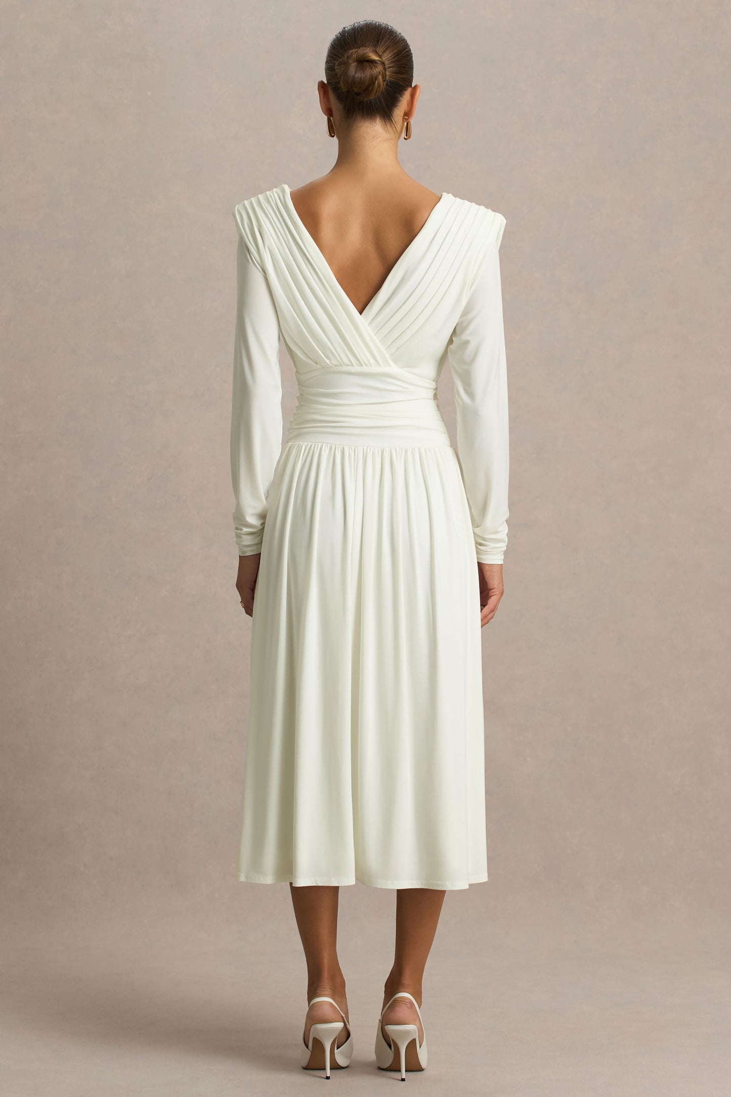 Alexis | Cream Plunge-Neck Midi Dress With Draped And Ruched Detailing