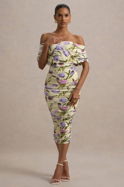 Rayleigh | Tulip Floral Print  Bardot Ruched Midi Dress