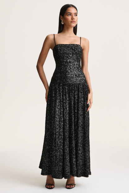 Allora | Black Sequin Square-Neck Maxi Dress With Pleated Skirt