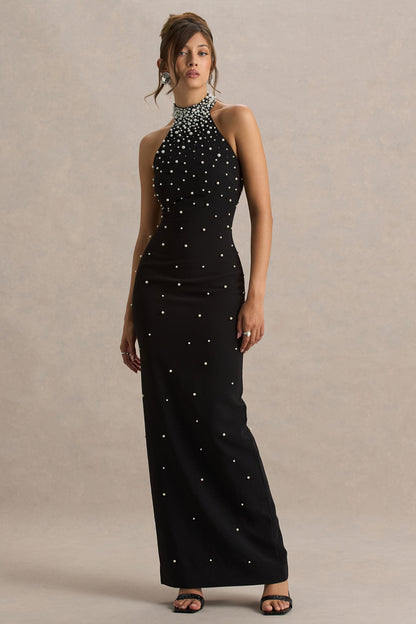 Dani | Black Hand-Embellished Halter-Neck Maxi Dress