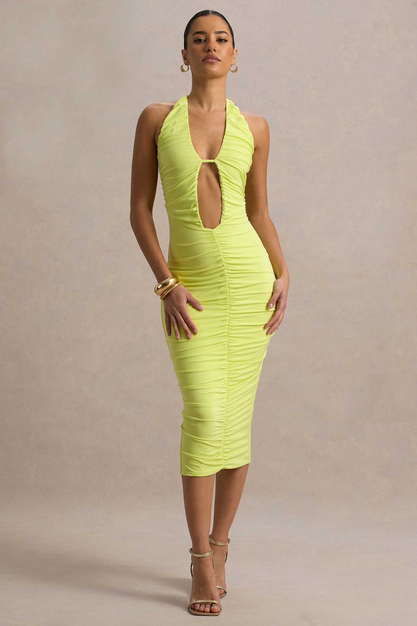 Anaisa | Lime Green Plunge Halter-Neck Midi Dress