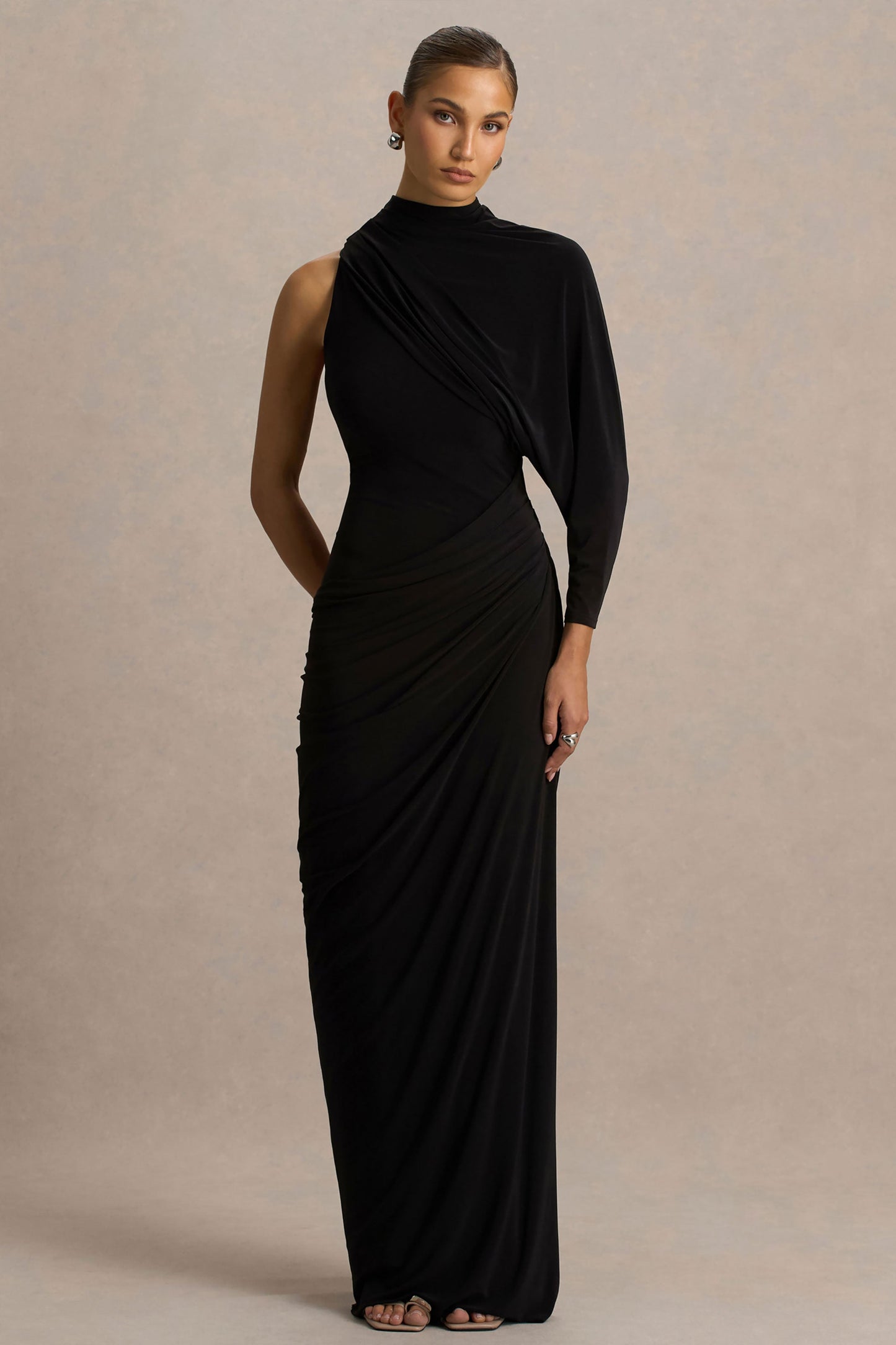 Aphra | Black High-Neck Maxi Dress With Cape-Sleeve