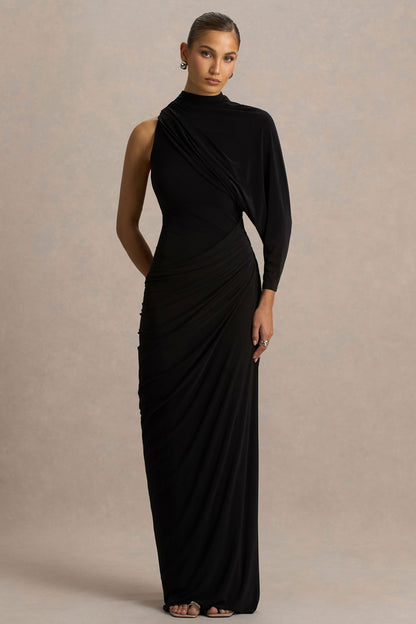 Aphra | Black High-Neck Maxi Dress With Cape-Sleeve
