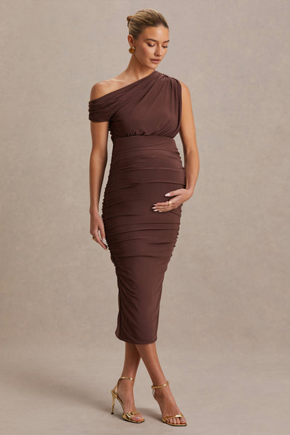 Linnea | Brown Asymmetric-Neck Maternity Midi Dress