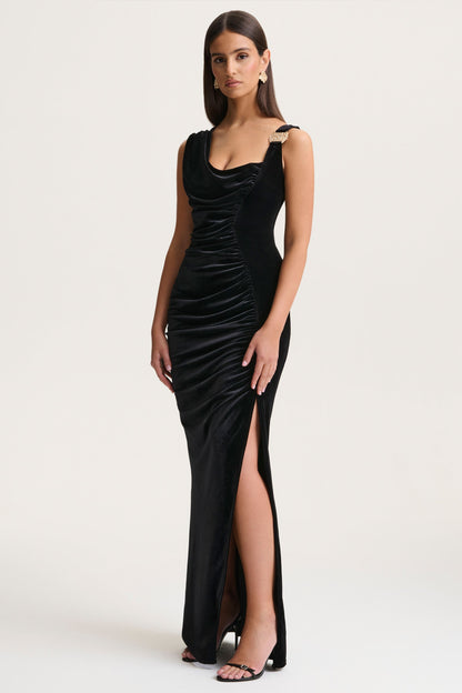 Jovita | Black Velvet Cowl-Neck Maxi Dress With Gathered-Detailing