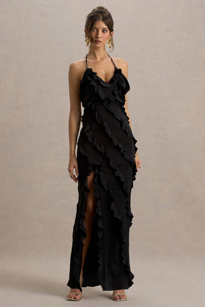Full On | Black V-Neck Ruffle Maxi Dress