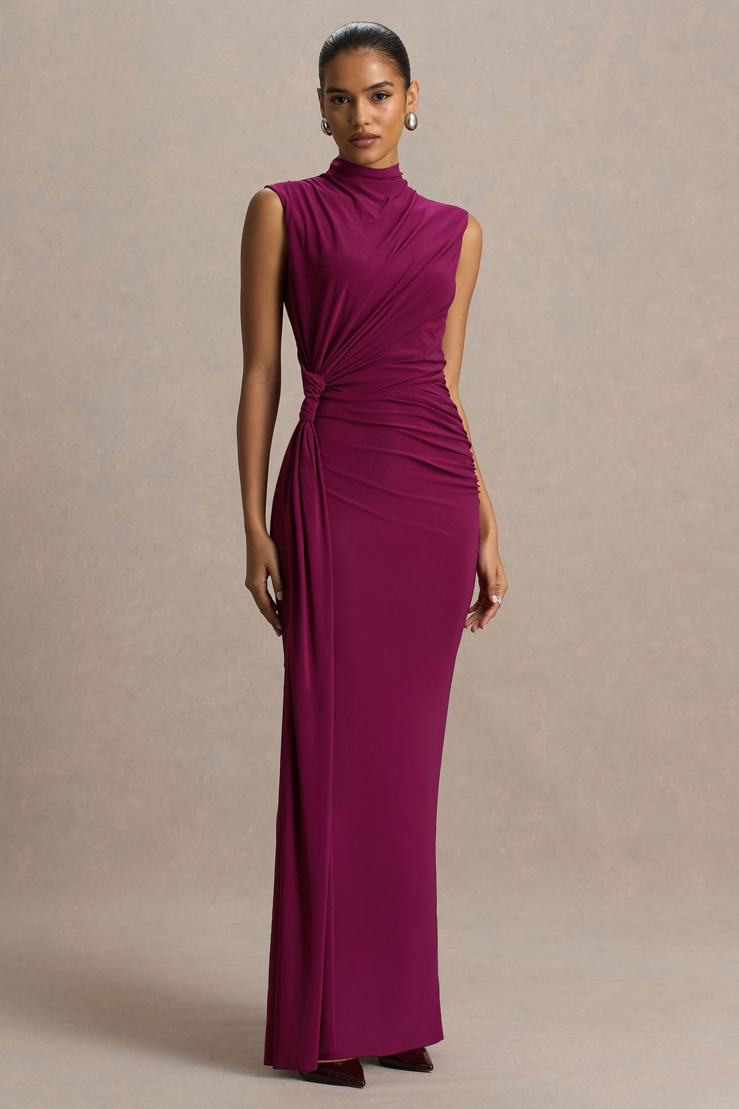 Solene | Burgundy High-Neck Maxi Dress With Wrap And Drape Detail