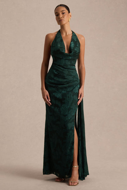 Talula | Dark Green Extreme Cowl-Neck Maxi Dress With Sash And Front-High Split