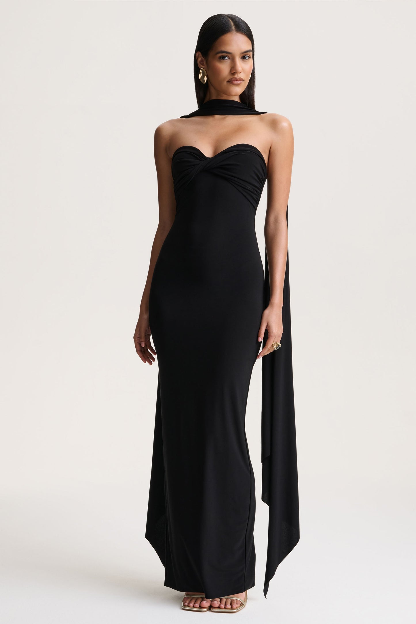Sheila | Black Bandeau Maxi Dress With Scarf Detail
