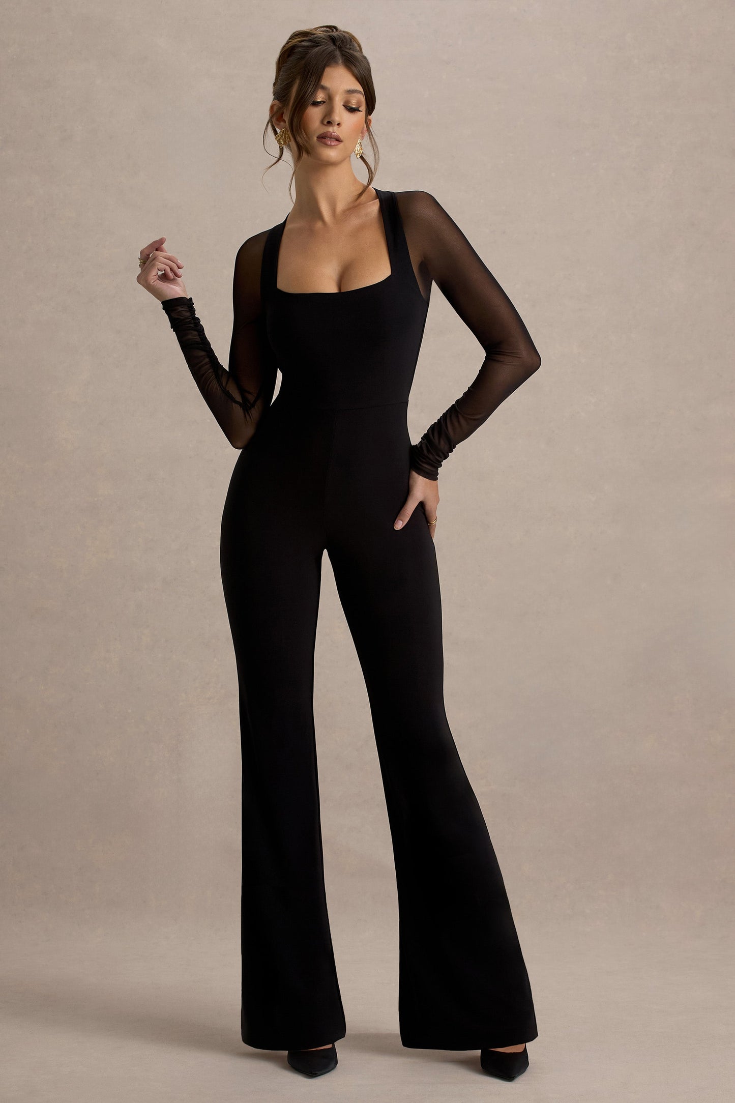 On Track | Black Flared-Leg Jumpsuit With Sheer Sleeves