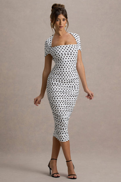 Paxos | White Polka Dot Ruched Short-Sleeve Midi Dress