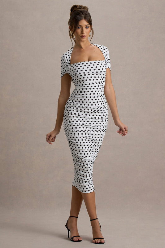 Paxos | White Polka Dot Ruched Short-Sleeve Midi Dress