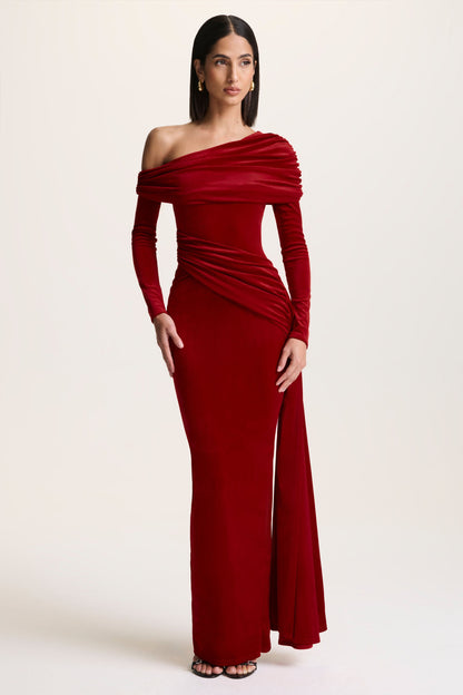 Hadria | Red Velvet Asymmetric-Neck Maxi Dress With Sash-Detail