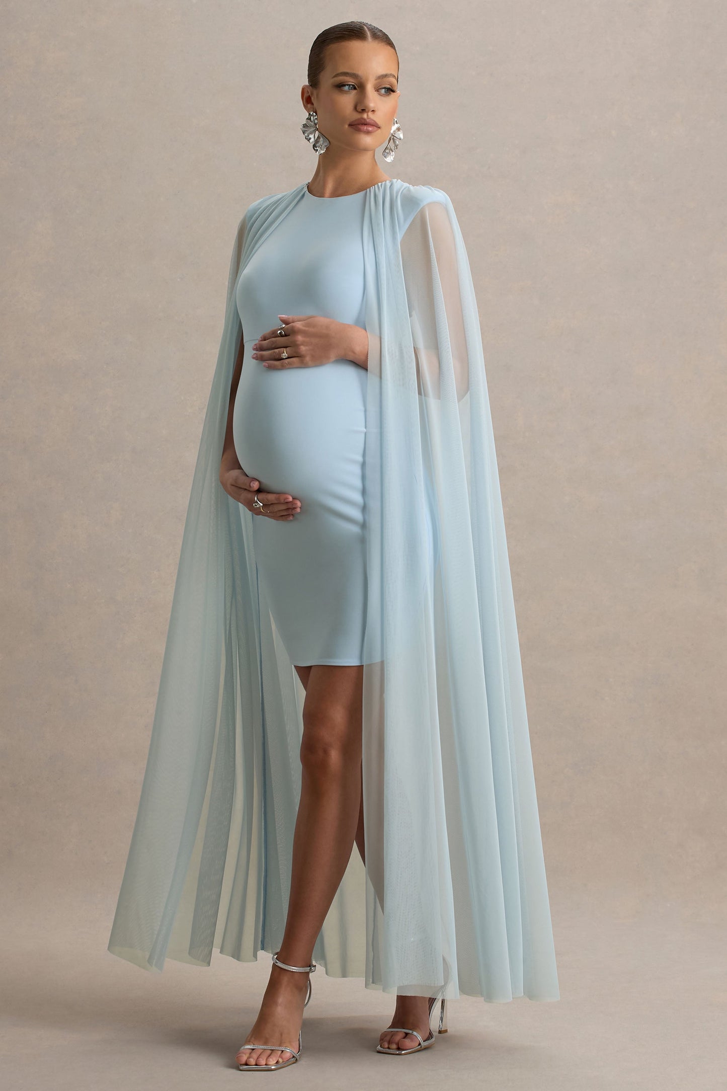 Charlene | Powder Blue High-Neck Maternity Mini Dress With Mesh Cape