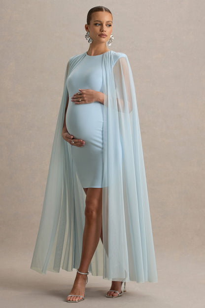 Charlene | Powder Blue High-Neck Maternity Mini Dress With Mesh Cape