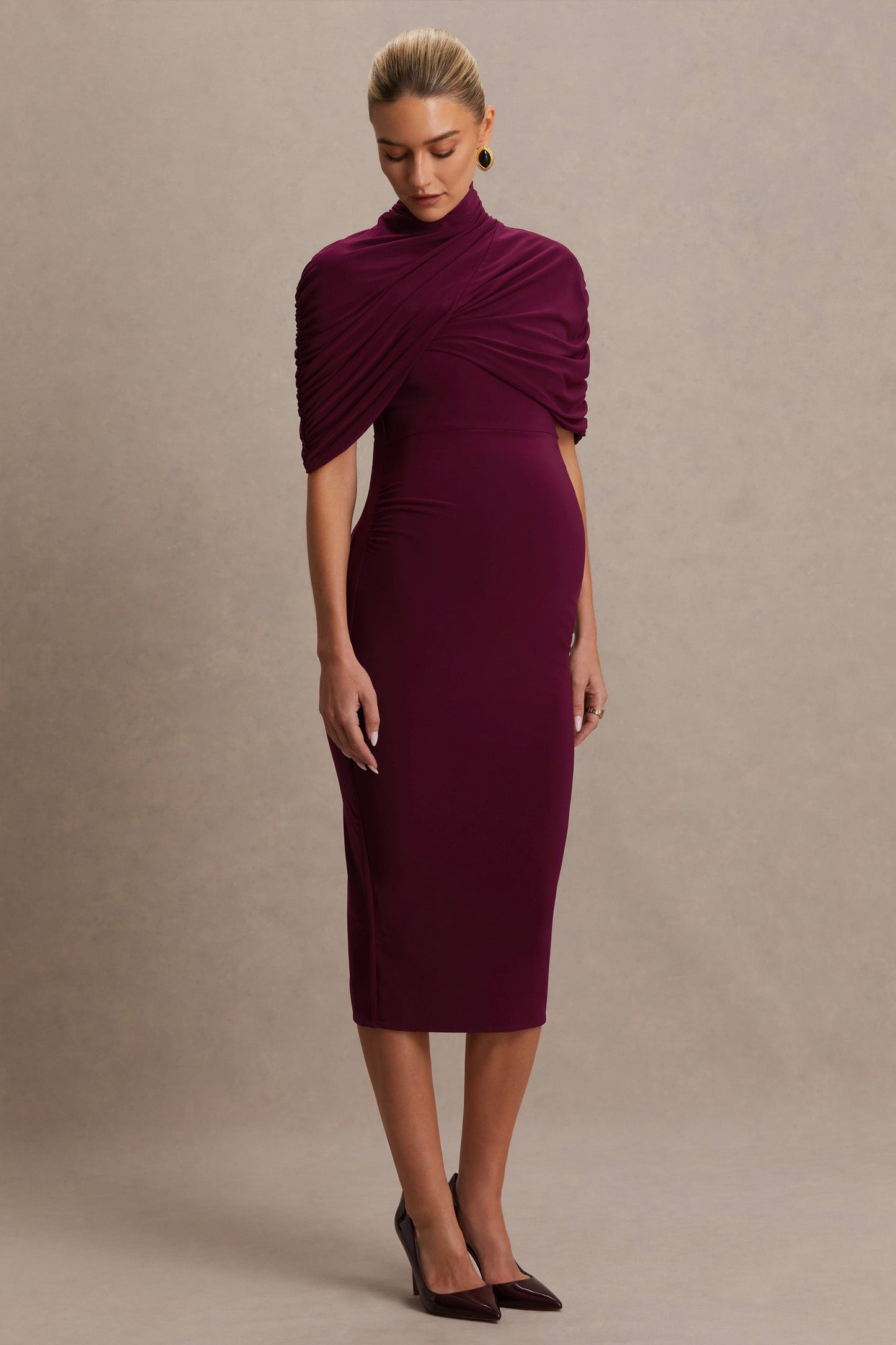 Augustina | Burgundy Maternity Midi Dress With Cape