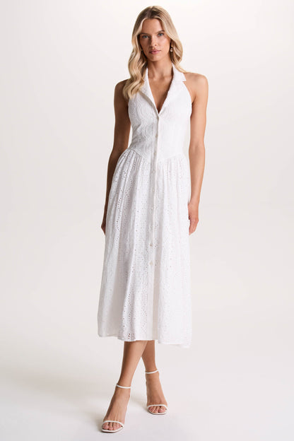 Jezebel | White Lace Plunge-Neck Collared Midi Dress