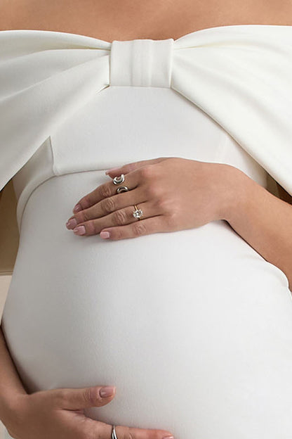 Droplet | White Bow Bardot Maternity Midi Dress