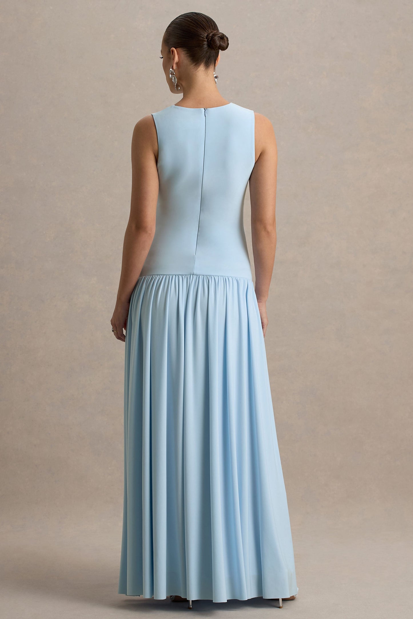 Outline | Powder Blue Crew-Neck Maternity Maxi Dress With Pleated Skirt