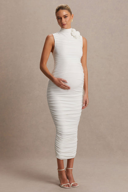 Shellie | White High-Neck Maternity Midi Dress With Corsage Detail