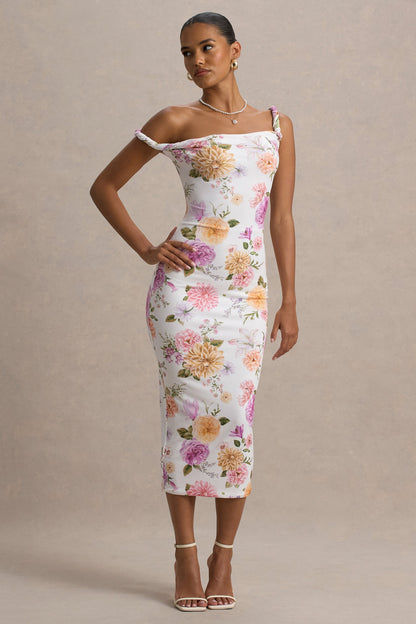 Nora | Peach And Lilac Floral Twisted Asymmetric Midi Dress