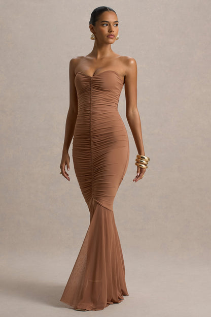 Talisa | Mocha Bandeau Ruched Maxi Dress With Mesh Fishtail