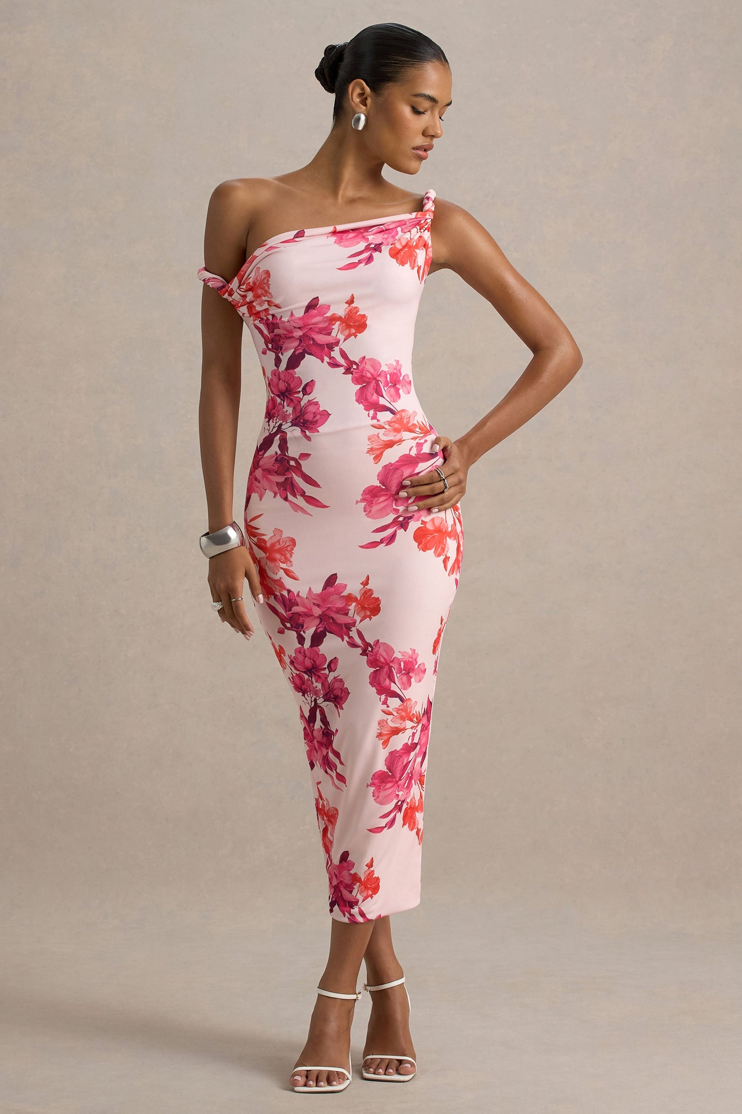 Tatian | Pink and Orange Floral Print Twisted Asymmetric Midi Dress