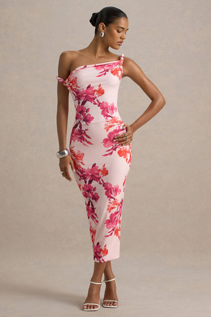Tatian | Pink and Orange Floral Print Twisted Asymmetric Midi Dress