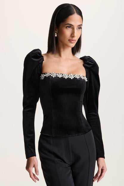 Tazmin | Black Velvet Embellished Square-Neck Top