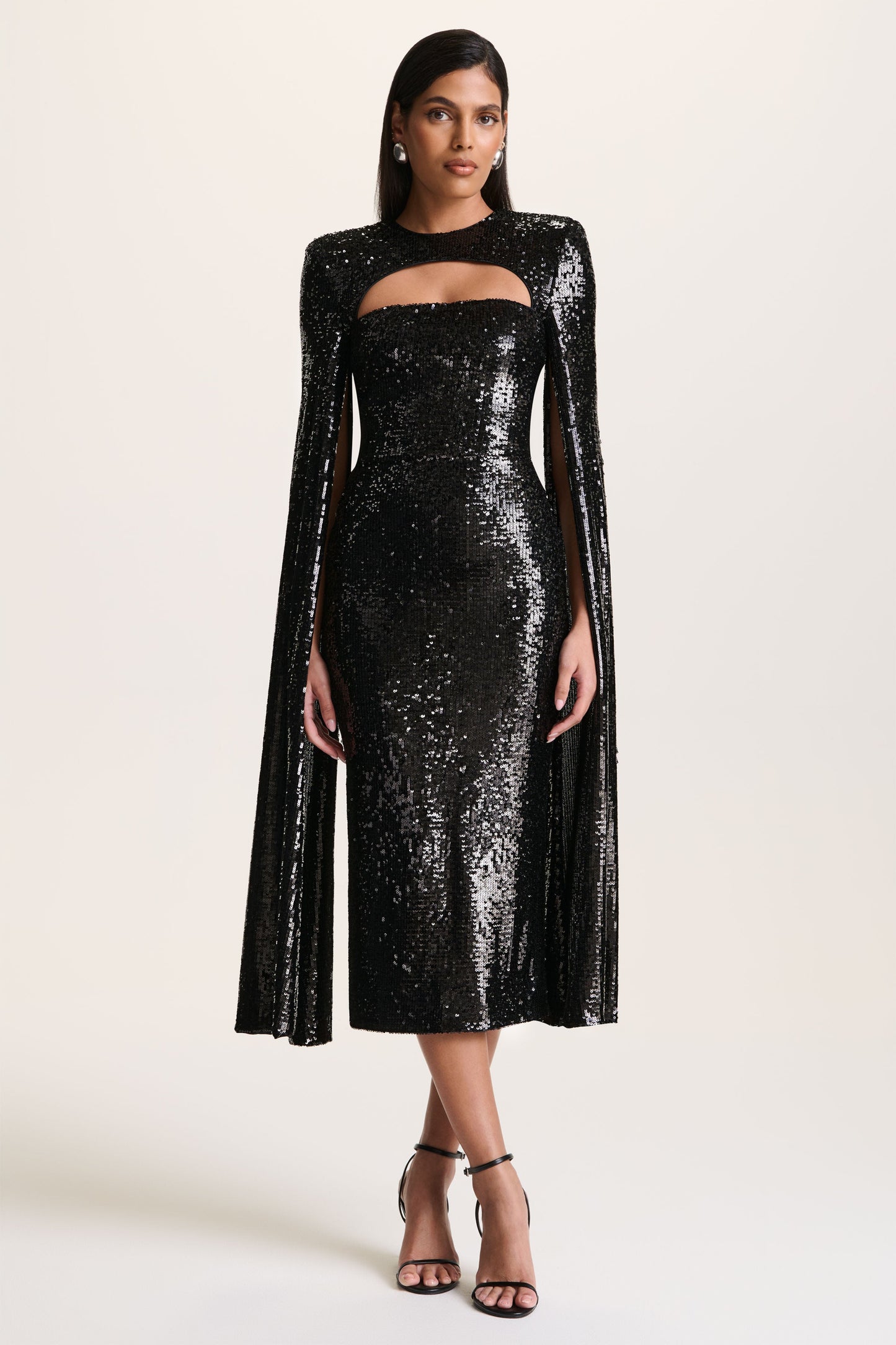 Adeline | Black Sequin Crew-Neck Midi Dress With Cape Sleeves