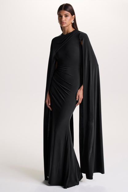 Magdelena | Black Asymmetric Cape Maxi Dress